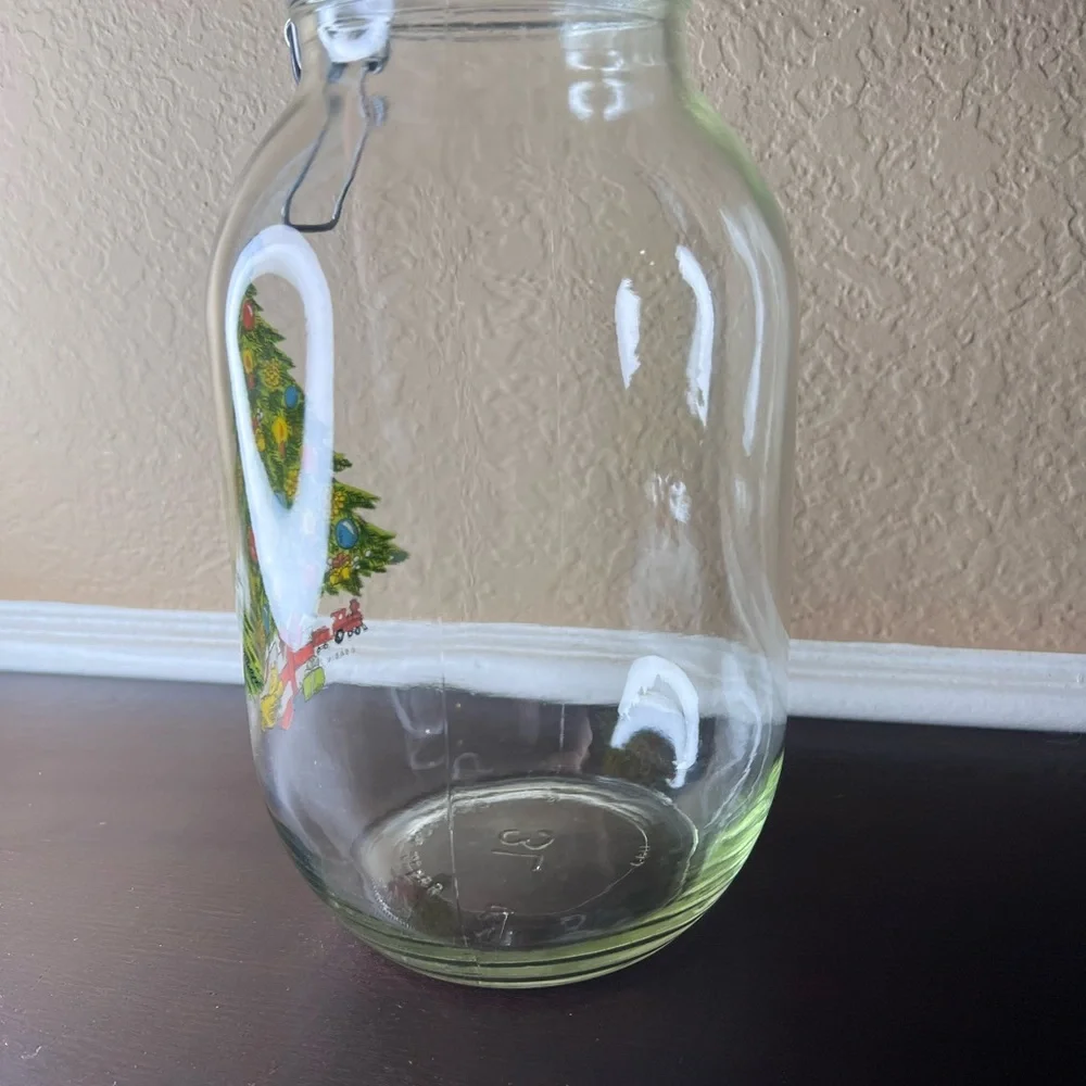 Vintage 1980s Carlton Glass Christmas Tree Cookie Jar – 3L Wire Bail Canister